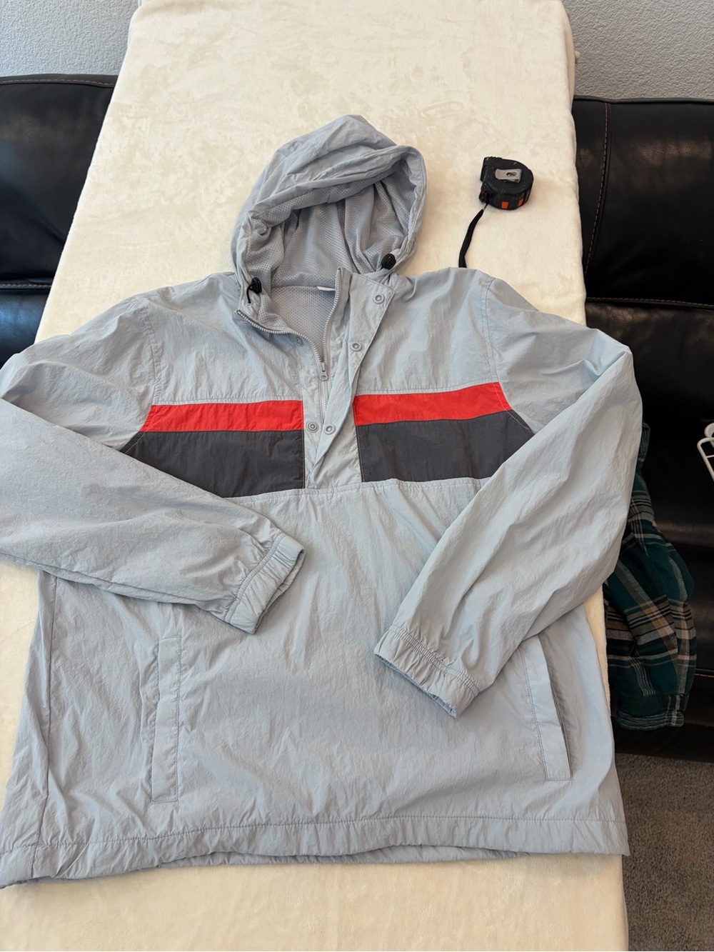 Old Navy Light Gray Hooded Windbreaker with Red & Dark Gray Chest Stripes